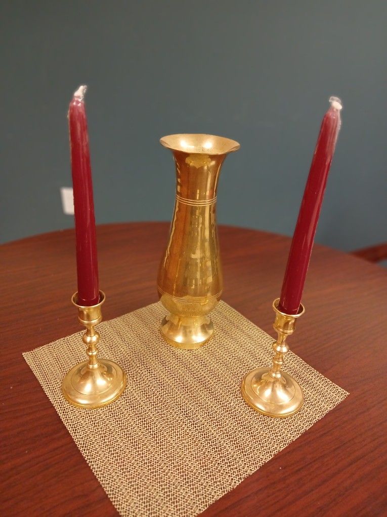 Vintage Brass Set Vase & Candle Holders Made In India