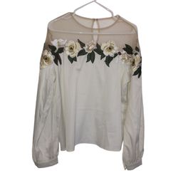 Beautiful Women's Elegant Embroidered Floral Blouse, White Gardenia Blouse,