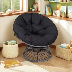 Papasan Chairs with Cushions and Frame, Wicker Rattan Reading Chair Swivel Comfortable Lounge for Indoor Outdoor Living Room Bedroom, Black-Black Base