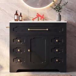 #D  36'' Bathroom Vanity with Ceramic Sink, Freestanding Bathroom Cabinet with 5 Drawers & 1 Door, Modern Bathroom Vanity, Black $ 269