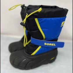 Sorel Flurry Kids Size 1 Youth Waterproof Winter Snow Boots Felt Blue Black Lime