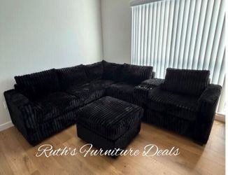 Black fur-like jumbo corduroy sectional Sofa with ottoman new in box