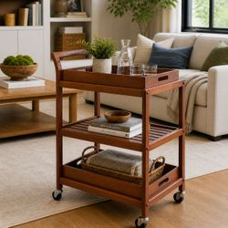 3-Tier Walnut Entertainment / Serving Cart w/ 2 Removable Trays / Locking Casters [NEW] **Assembly Req