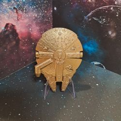 Star Wars Millennium Falcon - Gold Tone Challenge Coin W/ Stand & Shadow Box 