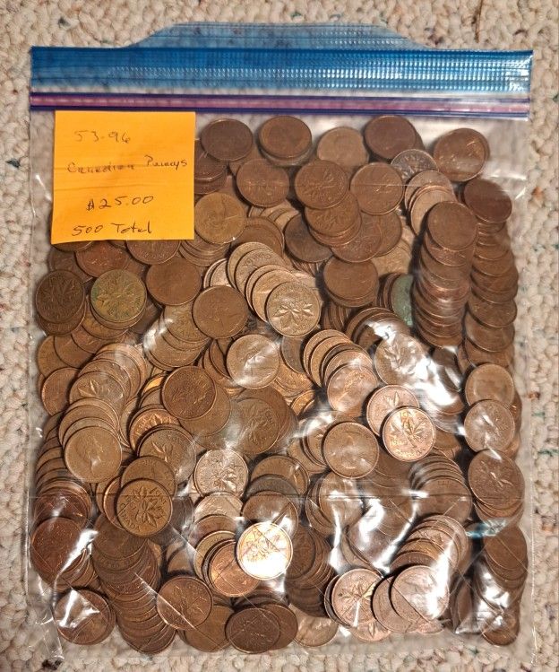 Copper Canadian Pennys 53-96 Total of 500