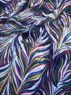 Vintage Navy Multicolor Feather-Print poly satin charmeuse fabric 4 yards NEW