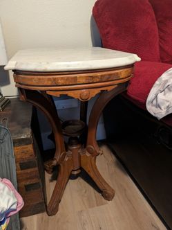 Vintage Victorian Eastlake Style Marble Topped Walnut and Burl Walnut Side Table