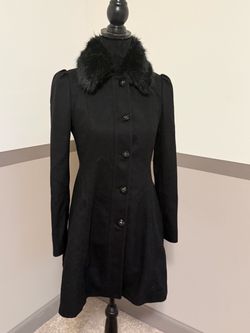Banana Republic Italian Wool Blend Tailored Coat Black Faux Fur Collar   Size XS