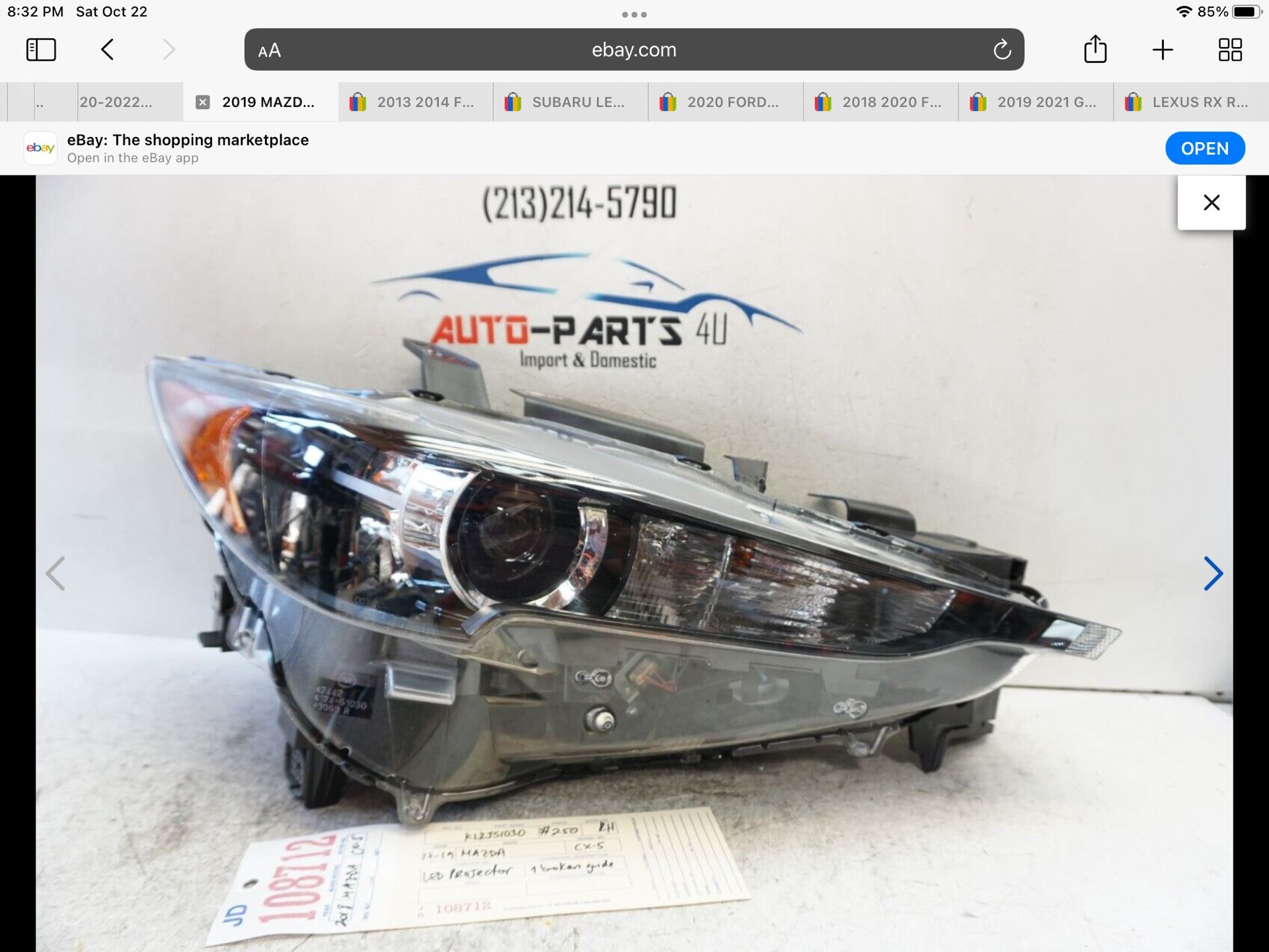 2017-2019 MAZDA CX5 CX-5 RIGHT PASSENGER FULL LED HEADLIGHT OEM 2018 JD108712