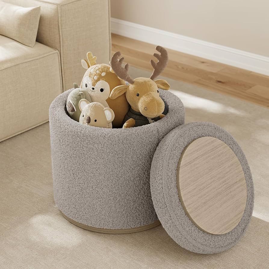 Round Ottoman with Storage, Ottoman Foot Rest, Boucle Small Ottoman, Foot Stool, Vanity Stool, Upholstered Sherpa Ottoman Support 250 lbs for Living R