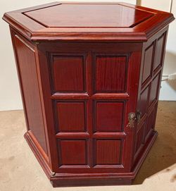 Vintage Asian Chinoiserie Hexagonal Mahogany Cabinet End Table-#1178