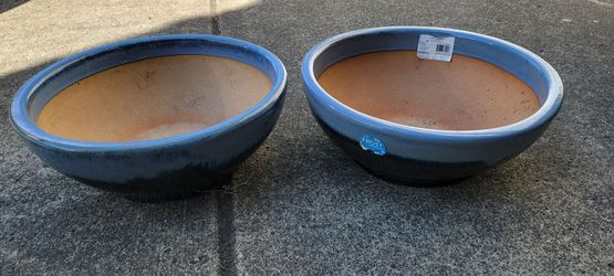 Blue Glazed Ceramic Bowl Planters – Set of 2 (NEW)