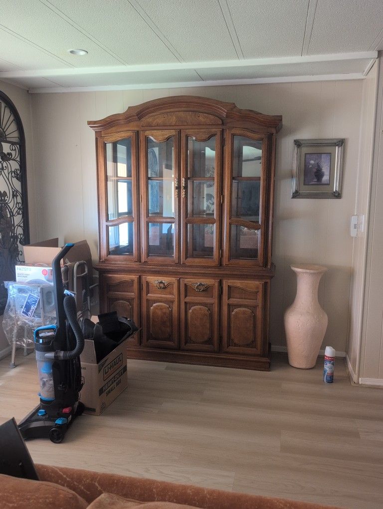 Vintage Wood China Cabinet / Hutch With Glass Display And Storage