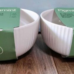 New Lot of 2 Earthenware Mixing Bowls - 3 qt. Ribbed Beautiful Cream Color