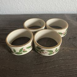 Lenox Holiday Holly Berry Porcelain Napkin Rings Set of 4 Gold Trim Vintage USA