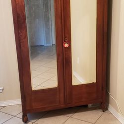 Antique Mahogany Double Door Mirrored Armoire Wardrobe