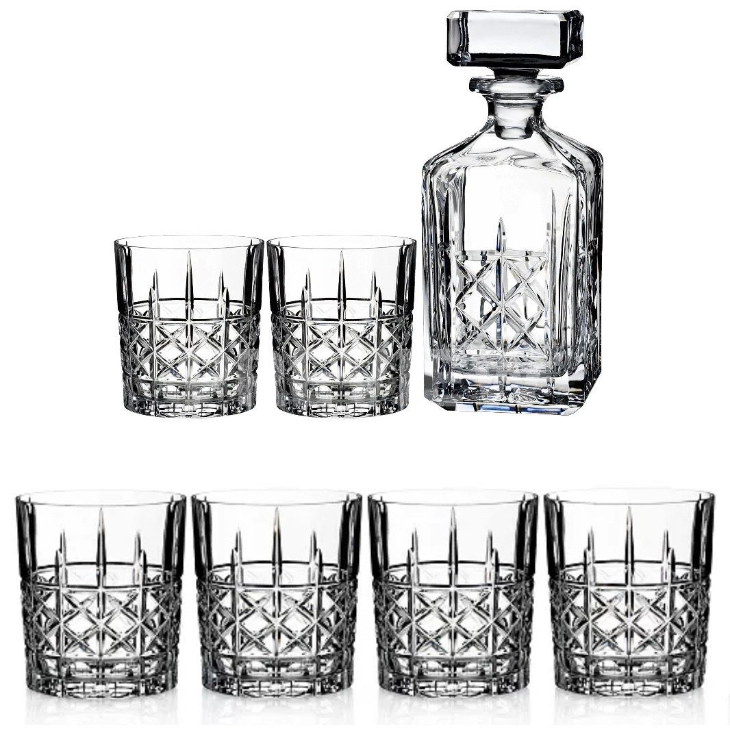 Marquis Waterford Brady Decanter and Double Old Fashion Set of 6 New In Box Crystalline Crystal LEAD FREE