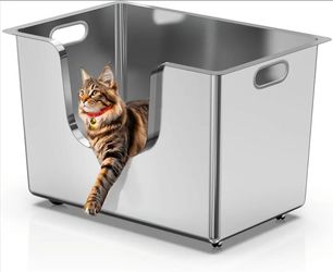 New Stainless Steel Cat Litter Box 13.8” High Sides, Extra Large Litter Box for Big Cats, XL Metal Kitty Litter Pan Pet Toilet with Wheels for Easy Mo