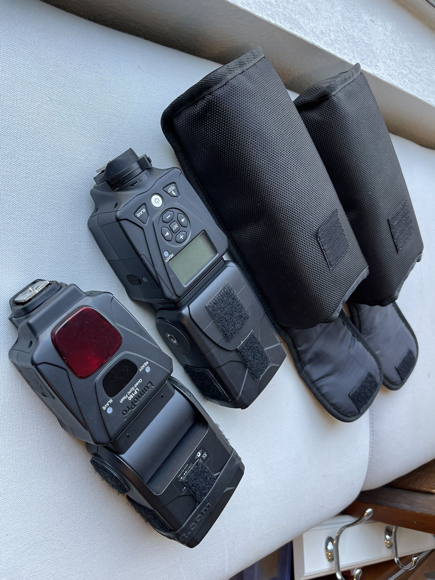 2x LumoPro LP180 Manual Flashes Plus Remote Triggers, Gels, And Softbox