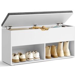 Shoe Storage Bench with Cushion, 2 Open and 1 Hidden Compartments Entryway Shoe Rack Bench, Shoe Shelf, for Living Room, Bedroom, White and Gray, CUST
