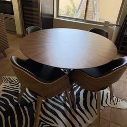 All Modern Fenway 47” Walnut Wood Round Dining Table & 4 Leather Chairs