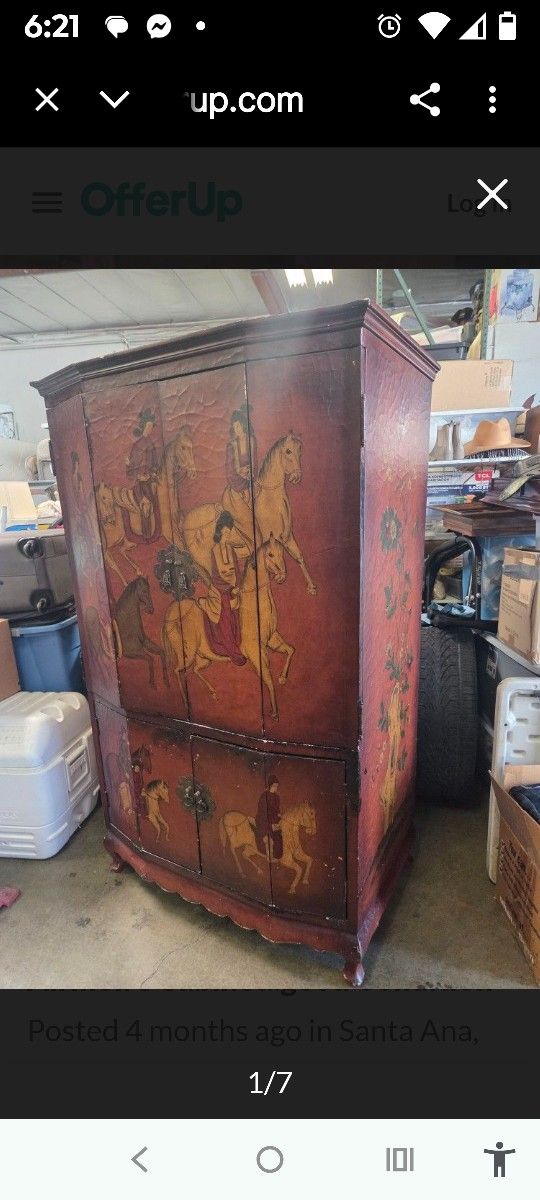 Vintage Asian Hand-Painted Lacquer Armoire / TV Cabinet – Stunning & Rare