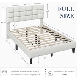 Yaheetech Full Size Upholstered Platform Bed Frame with Square Tufted Headboard, Beige