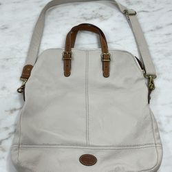 Fossil Purse Explorer Messenger Cross Body Bag Leather Cream Brown Large Adjustable