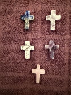 Set of 5 Crystal Stone Religious Crosses, Amethyst, Sodalite, Rose Quartz, Howlite, and Clear Quartz