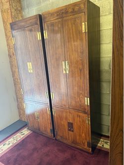Vintage Henredon "Scene One" Campaign Style Tall Cabinets / Armoires - Pair