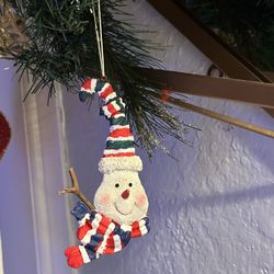 Vintage Blue and red stripes silly hat and scarf snowman face ornament
