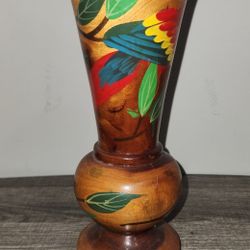 Vintage Hand Painted 10 3/8" Wood Vase Featuring A Parrot Design