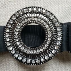 Buckle Black Leather Rhinestone Belt M