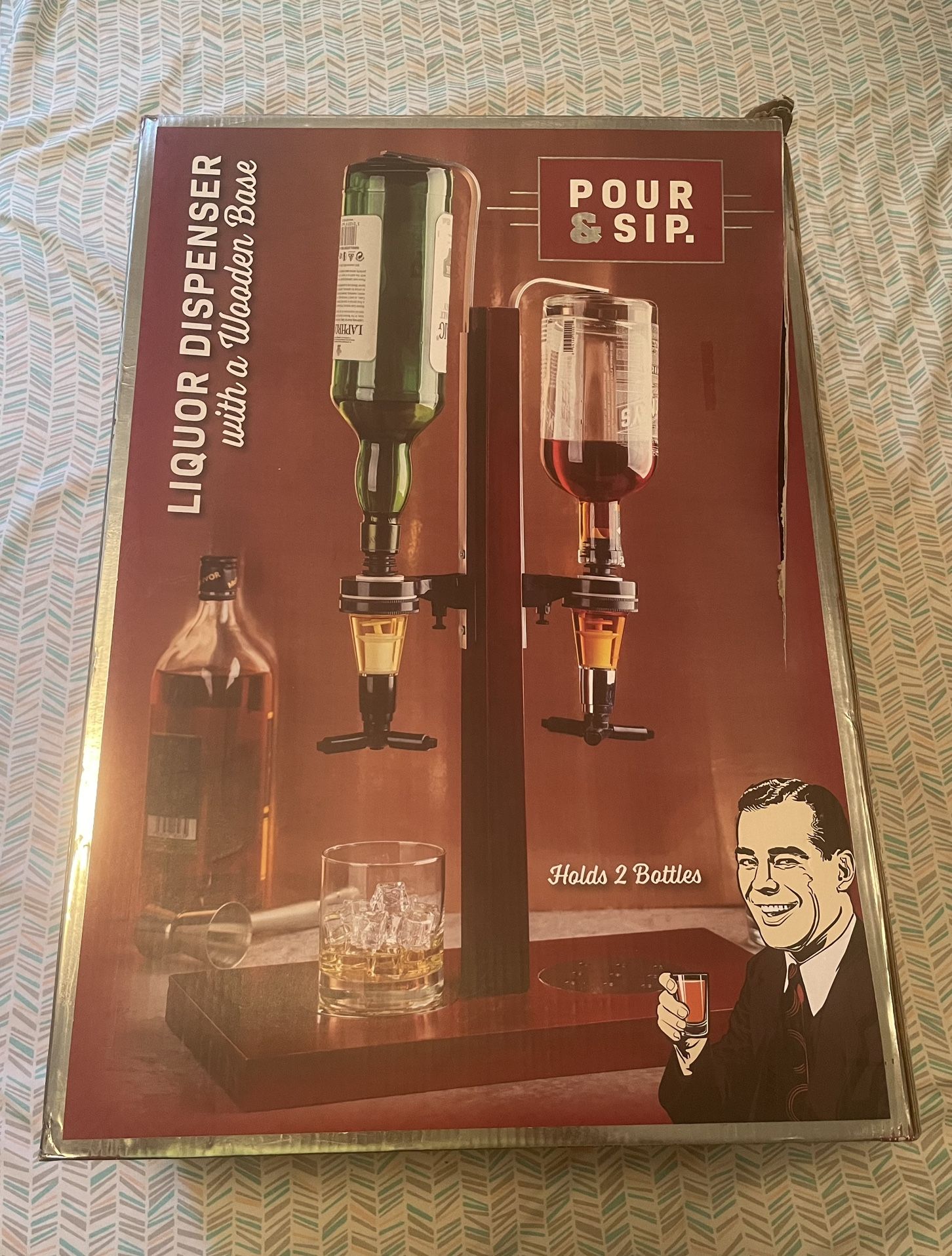 New Pour & Sip Liquor Dispenser W/ Wooden Stand (2 Full Bottles)