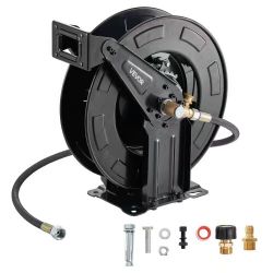 109#Pressure Washer Hose Reel, 50 ft x 3/8 inch Retractable Power Heavy-Duty Steel Washer Hose Reel, 4000PSI Max, Auto-Rewinding, Flexible Wall/Floor 