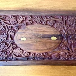 VTG Hand Carved Wooden Floral Design + Brass Inlay Jewelry/Trinket Box 🇮🇳