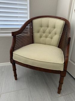 Cane Barrel Armchair Cream Tufted Upholstery Faux Bamboo Carved Legs Excellent Condition!!!