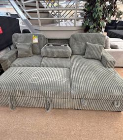 Beautiful! 2-Pc Gray Corduroy Sectional Sofa With Pull-out Bed, Storage, And Folld Down Table