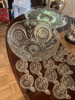 Vintage Glass Platter, Bowl & Glasses. Very Heavy  Glass