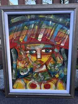Painting of Vibrant Colorful Expressionist Cubist Portrait of Female Figure Wearing Headdress Framed
