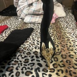 Black / Gold Knee High Heel Boots 