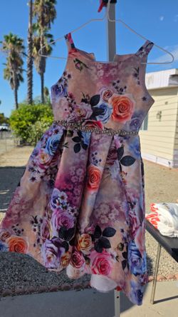 Girls Floral Dress with Rhinestone Waist