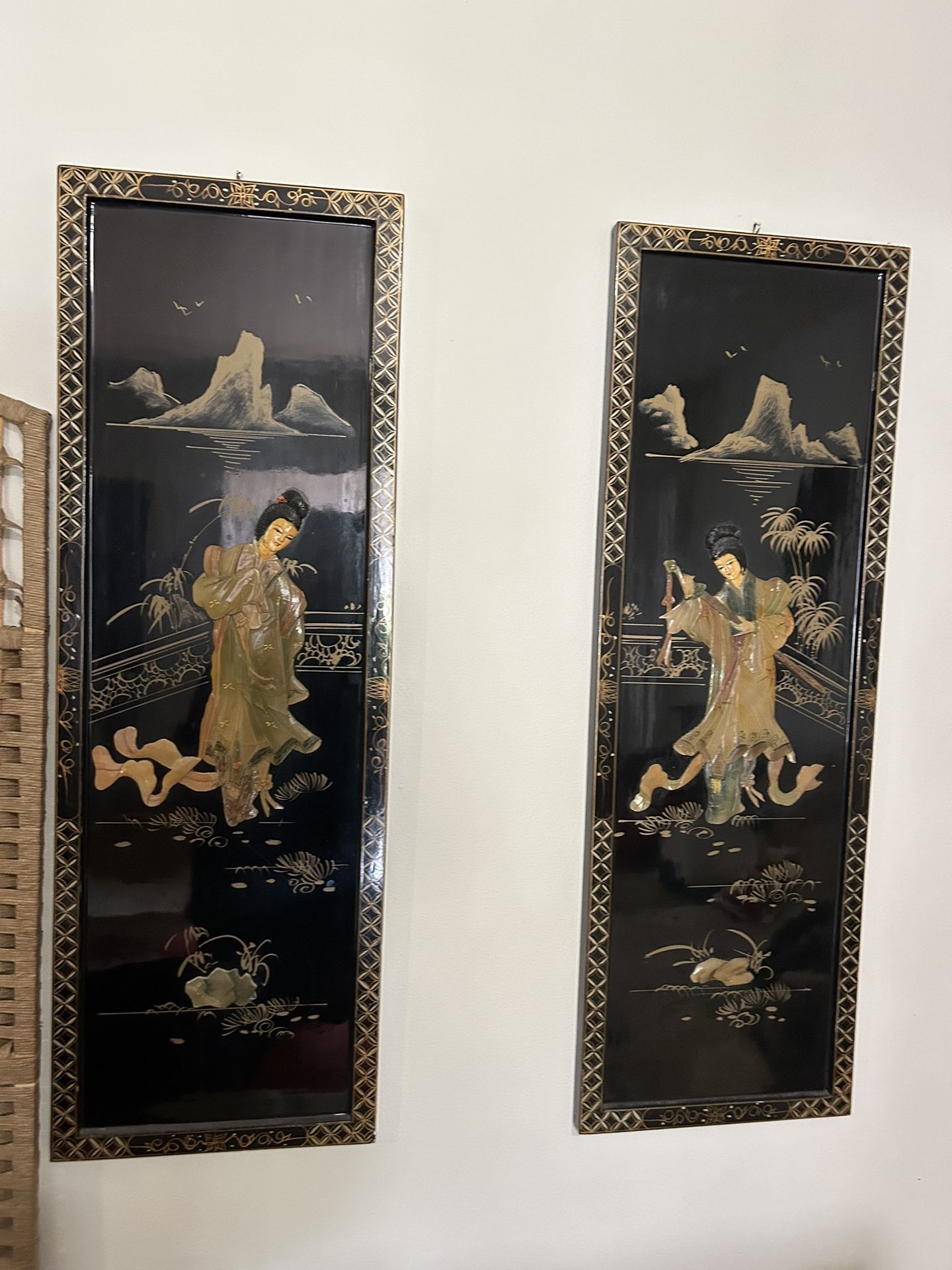 4 Vintage Mother of Pearl Black Lacquer Panels
