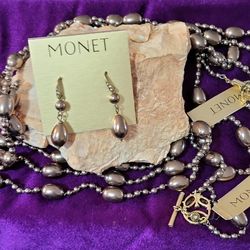 Monet, 2 Bronze Beaded Strands &  Earrings 