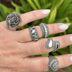 Vintage Sterling Silver Flower Ring Encrusted w/ Marcasites 925 Pearl Onyx Muti Gemstone Jewelry Fine 925 Silver Collectibles Rings, Ring Bands