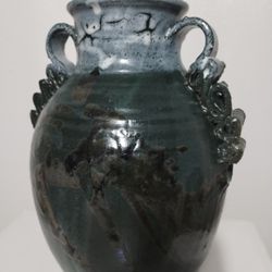SIGNED - STUDIO POTTERY ART GLAZE HANDLE  VASE 10"×8"