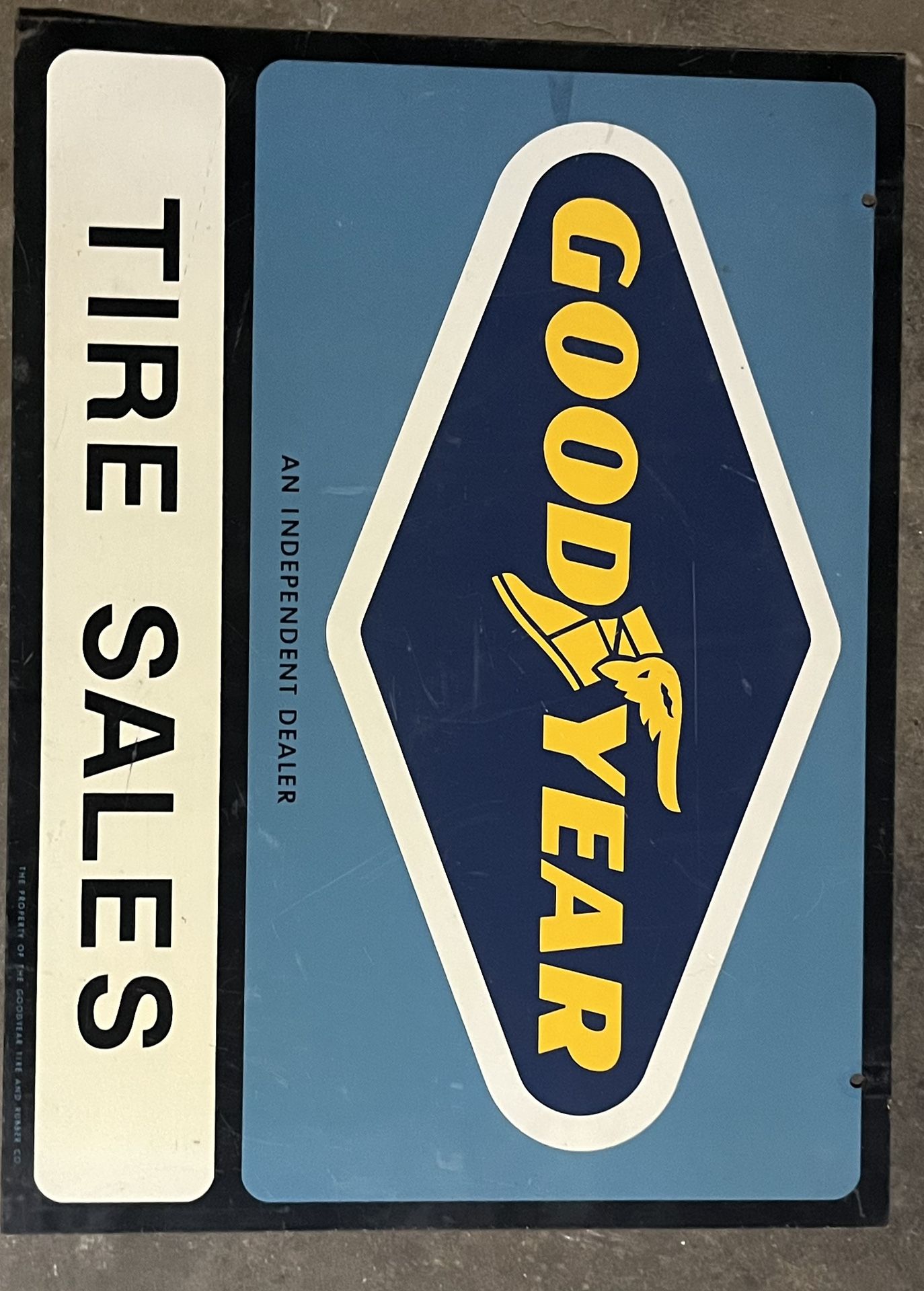 Vintage GOODYEAR TIRE SALES SIGN Original INDEPENDANT DEALER 1960s Metal 18x24