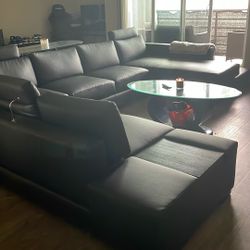 Large  Black Leather Sectional-For sale 