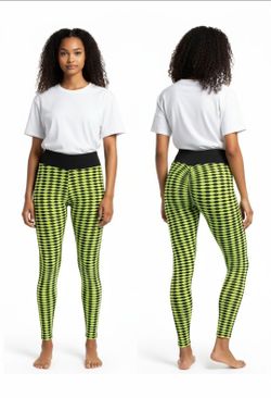 Unbranded Women's Size S/M Lime Houndstooth Textured 3D Booty Yoga Pant Leggings. These leggings feature a neon yellow and black textured pattern with