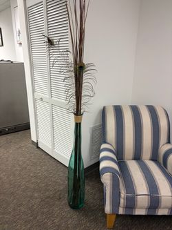 Tall Teal Glass Floor Vase with Peacock Feathers